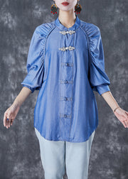 Simple Demin Blue Chinese Button Wrinkled Cotton Shirt Top Fall