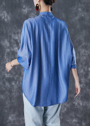 Simple Demin Blue Chinese Button Wrinkled Cotton Shirt Top Fall