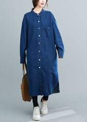 Simple Denim Blue Stand Collar Oversized Side Open Cotton Shirt Dresses Spring