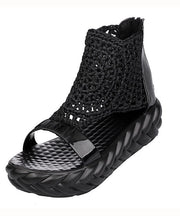 Simple Faux Leather Splicing Platform Sandals Black Knit Fabric