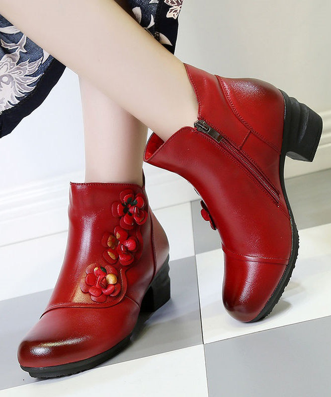 Simple Floral Splicing Cowhide Leather Boots Red Chunky Heel