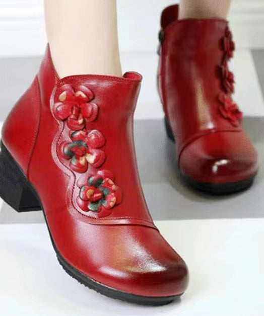 Simple Floral Splicing Cowhide Leather Boots Red Chunky Heel