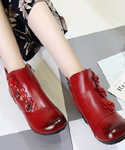 Simple Floral Splicing Cowhide Leather Boots Red Chunky Heel