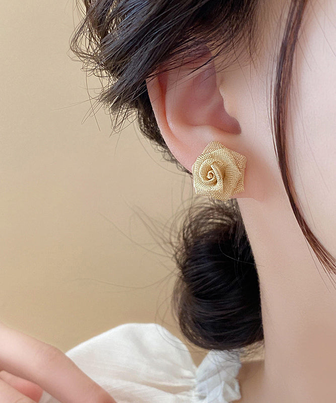 Simple Gold Alloy Tulle Rose Stud Earrings