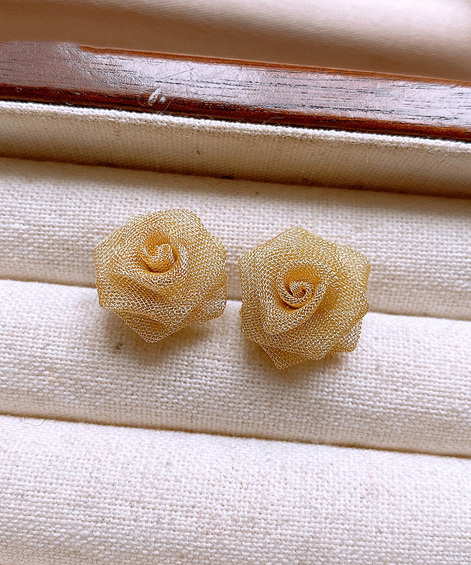 Simple Gold Alloy Tulle Rose Stud Earrings