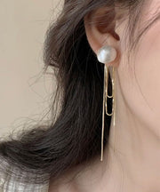 Simple Gold Copper Pearl Tassel Drop Earrings