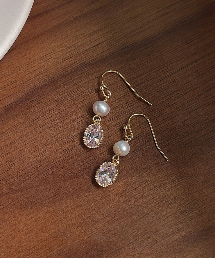 Simple Gold Sterling Silver Overgild Zircon Pearl Geometry Drop Earrings