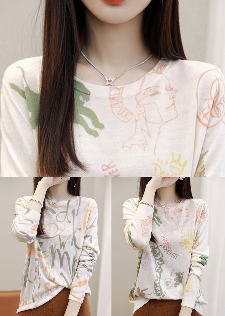 Simple Graphic O Neck Print Silk Cotton Top Spring