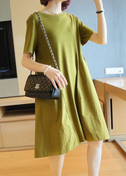 Simple Grass Green O-Neck Patchwork Exra Large Hem Cotton Dress Summer