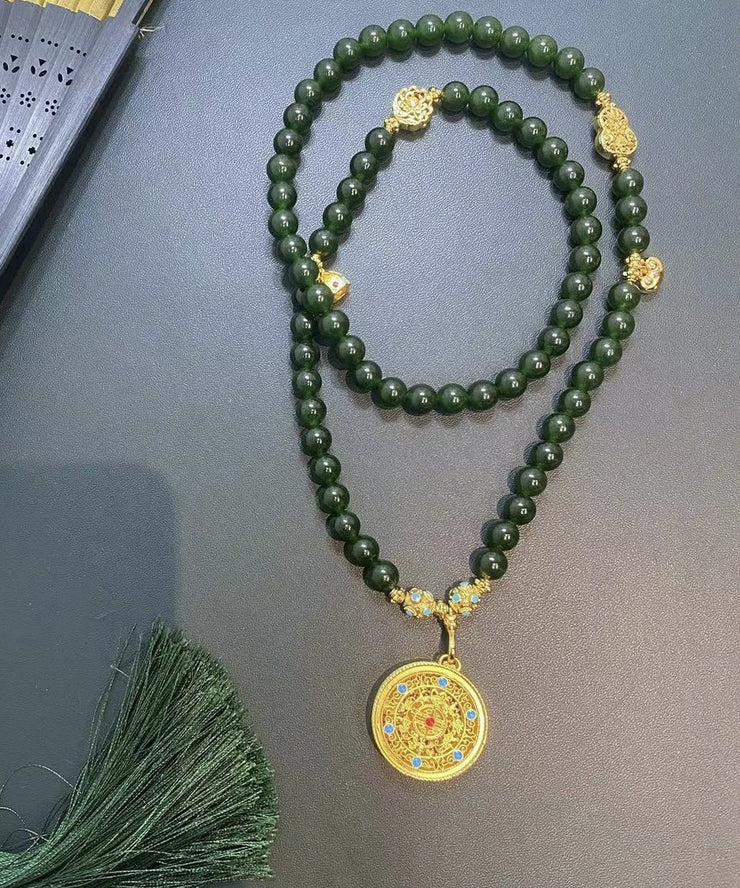 Simple Green Ancient Gold Beading Gem Stone Graduated Bead Necklace