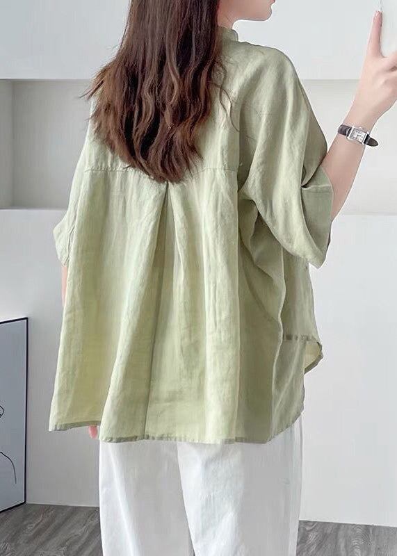 Simple Green Asymmetrical Button Cotton Shirt Summer