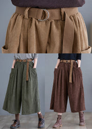 Simple Green Elastic Waist Pockets Corduroy Pants Fall