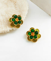 Simple Green Floral Copper Glod Plated Stud Earrings