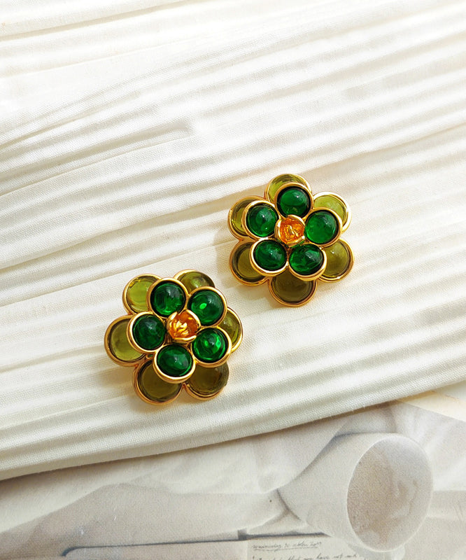 Simple Green Floral Copper Glod Plated Stud Earrings