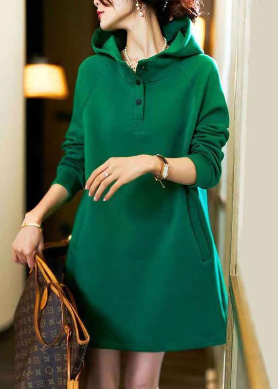 Simple Green Hooded Pockets Patchwork Cotton Dress Long Sleeve