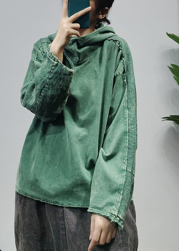 Simple Green Hooded Print Linen Sweatshirts Tracksuits Long Sleeve