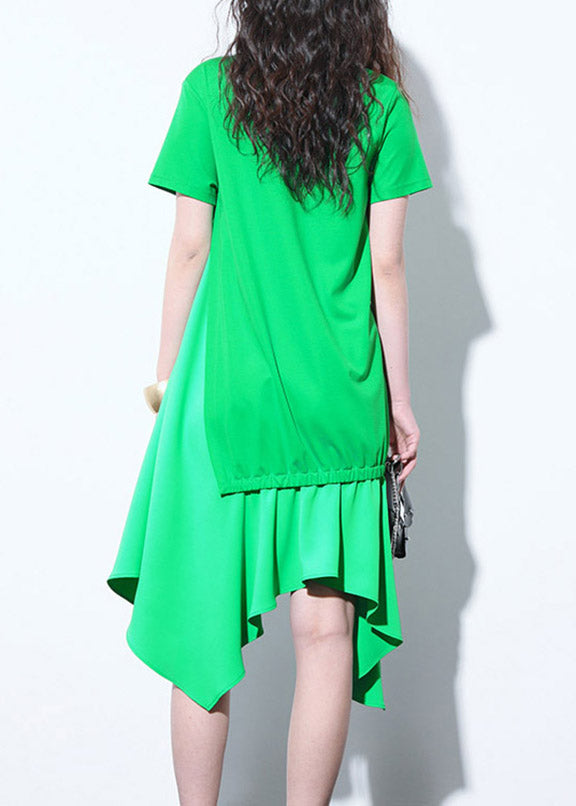 Simple Green O-Neck Asymmetrical Design Patchwork Wrinkled Long Dress Short Sleeve