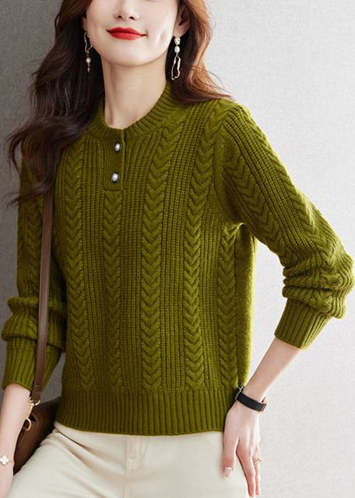 Simple Green O Neck Button Warm Cotton Knit Sweaters Spring