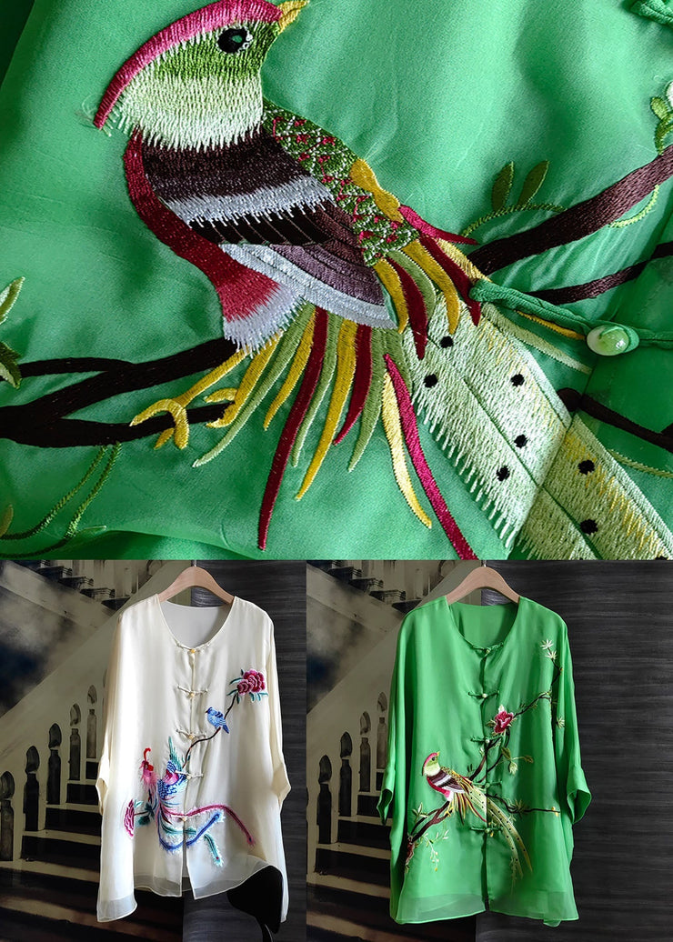 Simple Green O Neck Embroideried Silk Blouses Top Summer