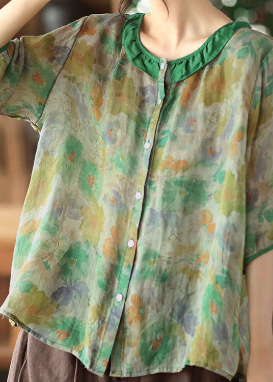 Simple Green O Neck Patchwork Print Linen Shirt Tops Half Sleeve