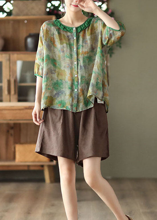 Simple Black O Neck Patchwork Print Linen Shirt Tops Half Sleeve