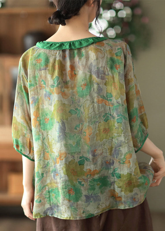 Simple Black O Neck Patchwork Print Linen Shirt Tops Half Sleeve