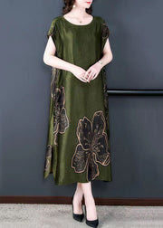 Simple Green O Neck Print Patchwork Silk Long Dresses Summer