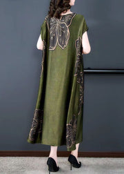 Simple Green O Neck Print Patchwork Silk Long Dresses Summer