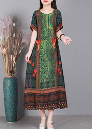 Simple Green O-Neck Print Silk Long Dresses Short Sleeve