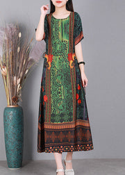 Simple Green O-Neck Print Silk Long Dresses Short Sleeve