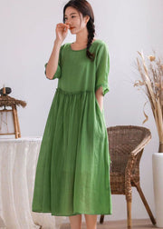 Simple Green O Neck Wrinkled Patchwork Linen Dress Summer