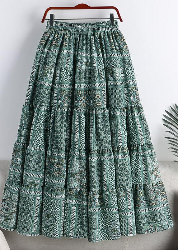 Simple Green Patchwork Elastic Waist Print A Line Skirt Fall