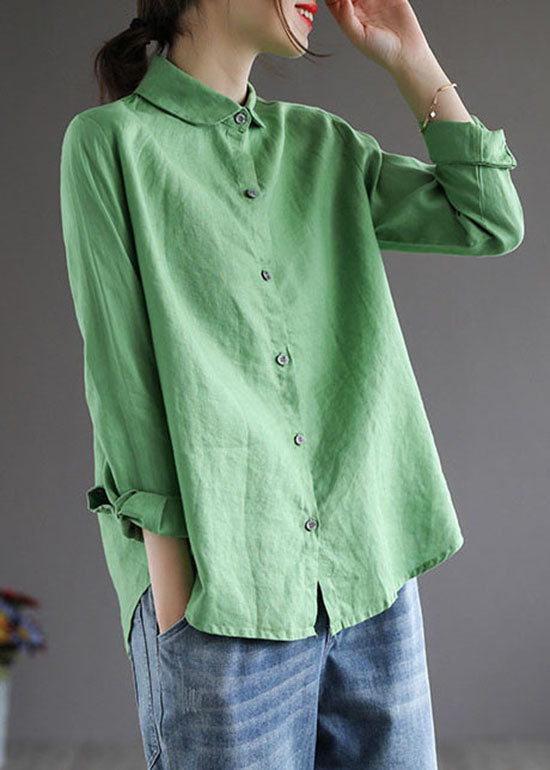 Simple Green Peter Pan Collar Button Patchwork Cotton Blouse Tops Spring