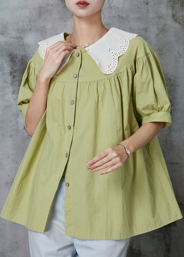 Simple Green Peter Pan Collar Patchwork Cotton Blouse Top Summer