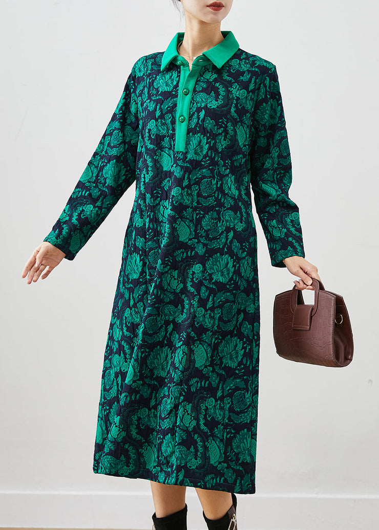 Simple Green Peter Pan Collar Print Cotton Maxi Dress Fall