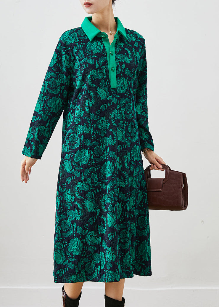 Simple Green Peter Pan Collar Print Cotton Maxi Dress Fall