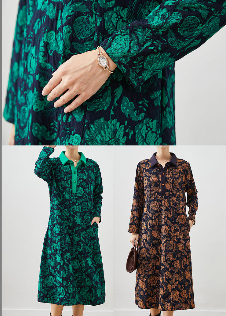 Simple Green Peter Pan Collar Print Cotton Maxi Dress Fall