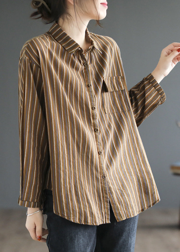 Simple Green Peter Pan Collar Striped Button Cotton Shirt Long Sleeve