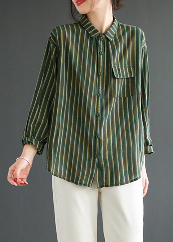 Simple Green Peter Pan Collar Striped Button Cotton Shirt Long Sleeve