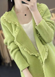 Simple Green Peter Pan Collar Tasseled Patchwork Wool Cardigan Fall