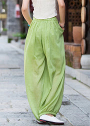 Simple Green Pockets Elastic Waist Linen Beam Pants Summer