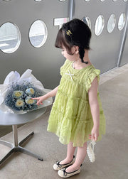 Simple Green Ruffled Patchwork Kids Long Dress Sleeveless