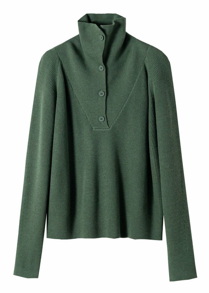 Simple Green Solid Button Wool Knit Top Spring