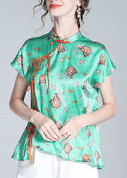 Simple Green Stand Collar Asymmetrical Print Button Silk Top Short Sleeve