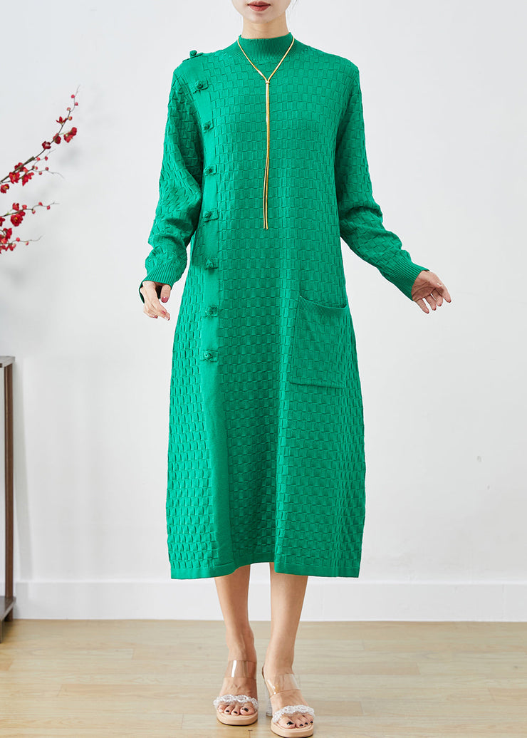 Simple Green Stand Collar Chinese Button Knitwear Dress Fall