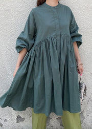 Simple Green Stand Collar Wrinkled Patchwork Cotton Dress Spring