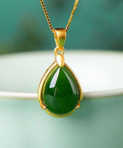 Simple Green Sterling Silver Overgild Jade Water Droplet Pendant Necklace