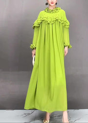 Simple Green Turtleneck Ruffled Patchwork Long Dress Petal Sleeve