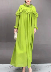 Simple Green Turtleneck Ruffled Patchwork Long Dress Petal Sleeve