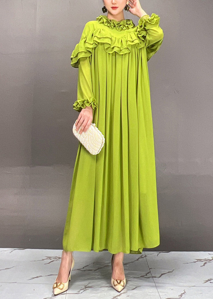 Simple Green Turtleneck Ruffled Patchwork Long Dress Petal Sleeve